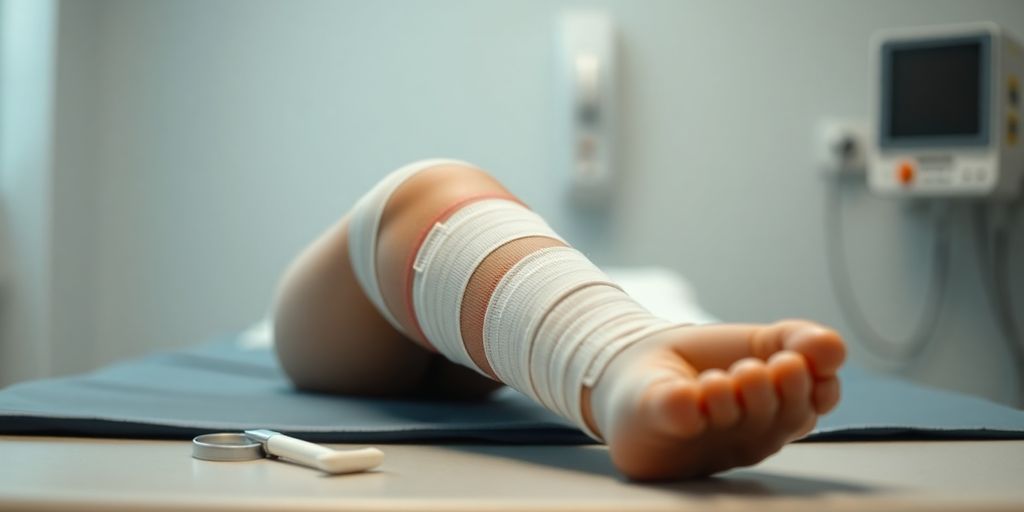 Close-up of a bandaged leg on a table.