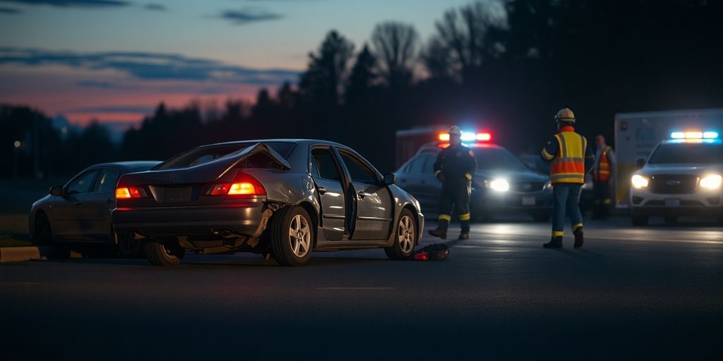 Car accident scene with responders at dusk.