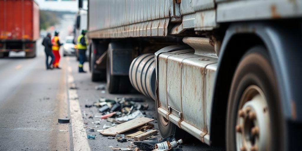 Damaged truck at an accident scene with debris.